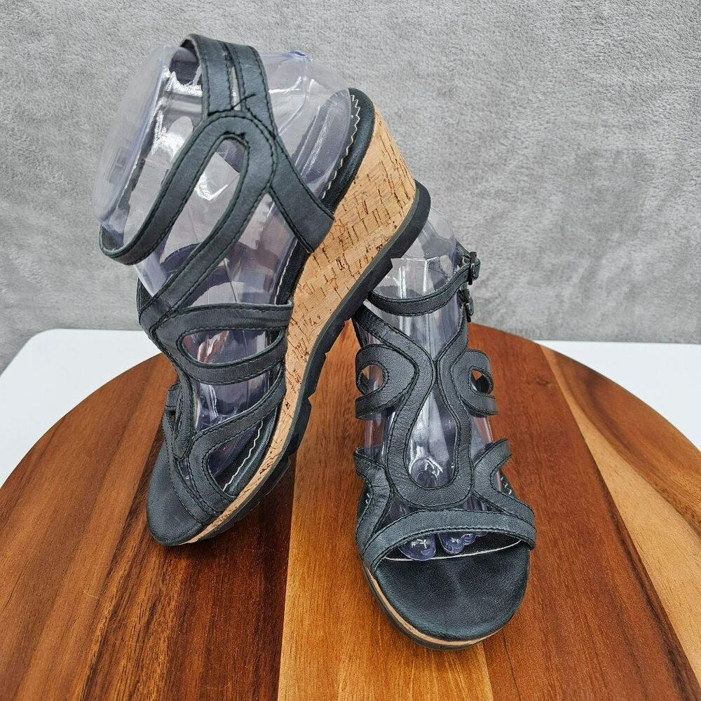 Bussola Saint Tropez Wedges Sandals 40 9.5 Black Graphite Leather Cork Strappy - Picture 14 of 16